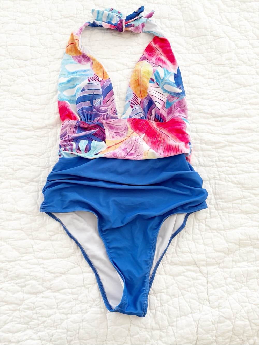 Women's med plunge Blue One-Piece Swimsuit with Tropical Print